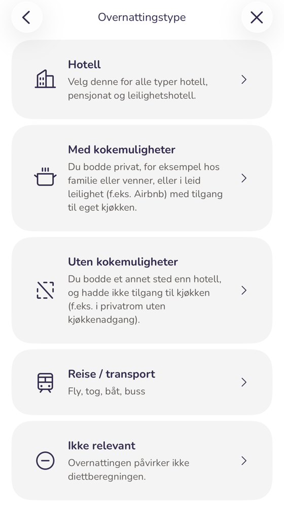 Velg overnattingstype i mobilappen. «Reise / transport» gjelder fly, tog, båt og buss.